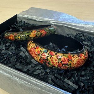 Set of 2 Hand Painted Wood Floral Bangles Colorful Boho Bracelets Vintage